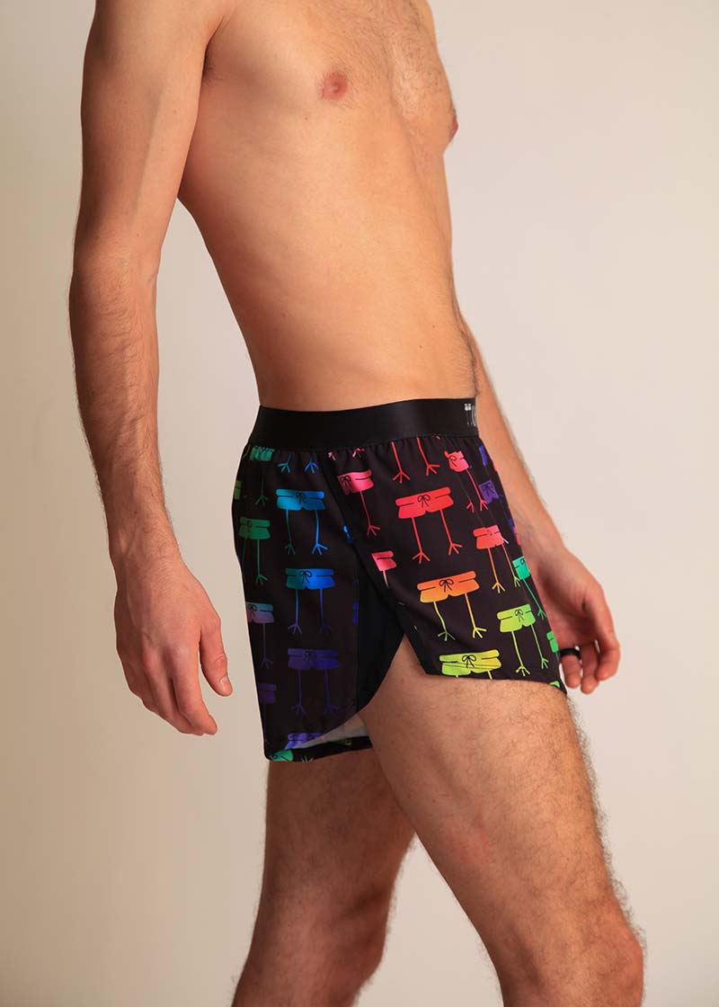 chicknlegs rainbow mile men's 2" split running shorts side view of the split.