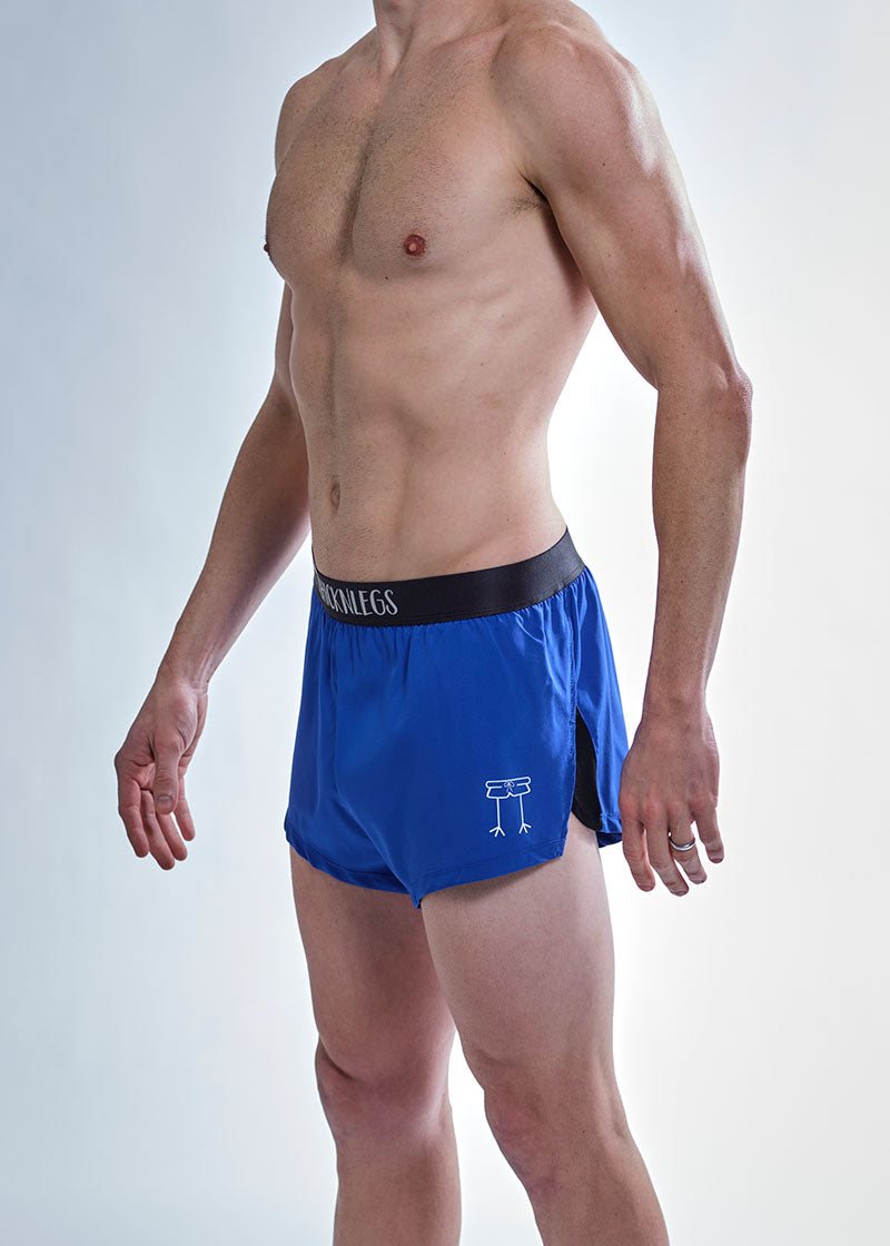 Side logo view of the chicknlegs men's 2 inch royal blue split running shorts.