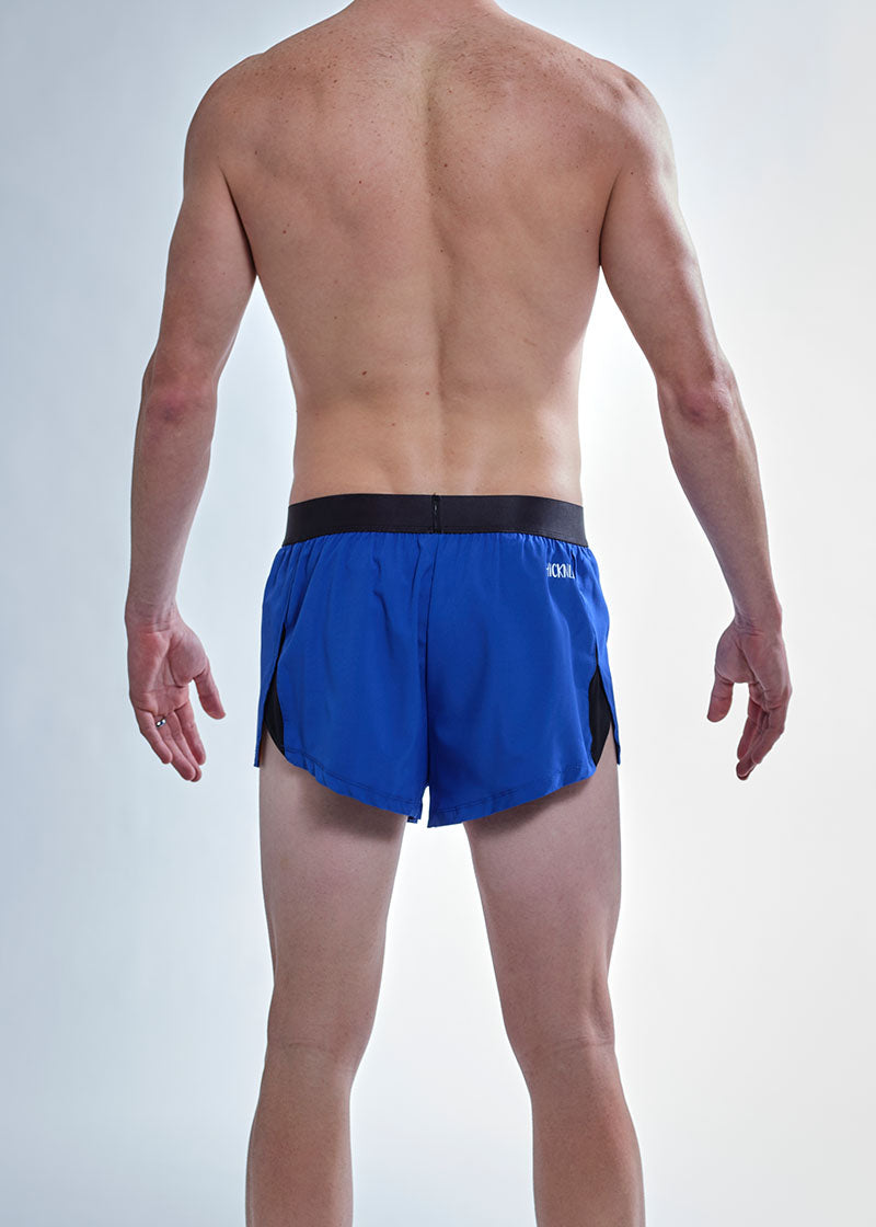 Rear view of the chicknlegs men's 2 inch royal blue split running shorts.