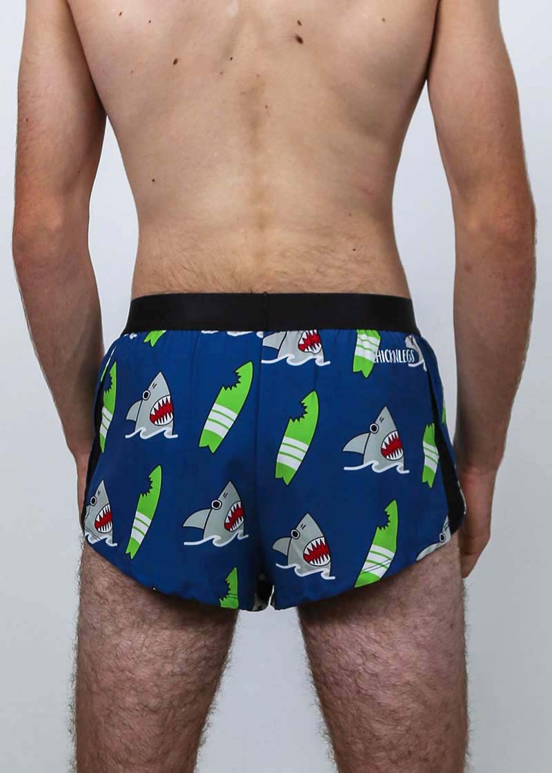 Closeup back view of the men's 2 inch shark running shorts.