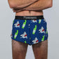 Closeup view of the men's 2 inch shark running shorts.