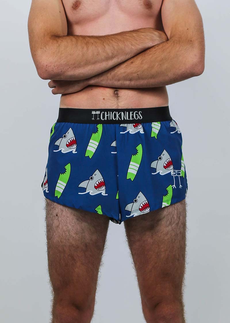 Closeup view of the men's 2 inch shark running shorts.