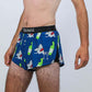 Closeup side view of the men's 2 inch shark running shorts.