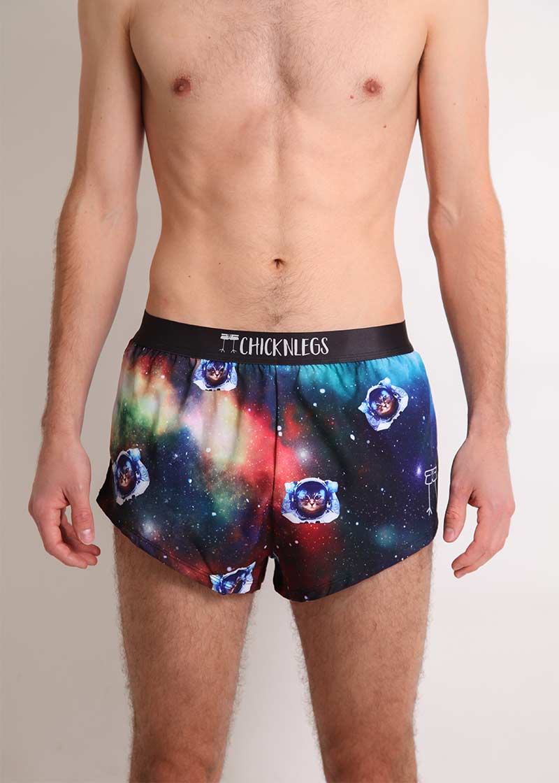 ChicknLegs men's SpaceCats 2" split running shorts front view.