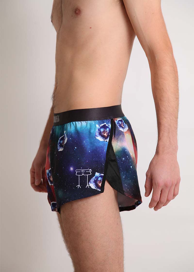 ChicknLegs men's SpaceCats 2" split running shorts side view showcasing our logo.
