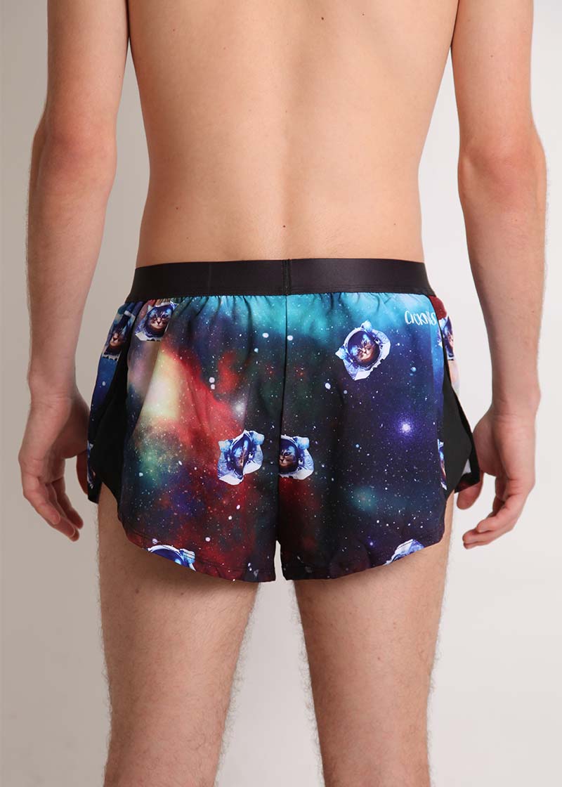 ChicknLegs men's SpaceCats 2" split running shorts rear view.