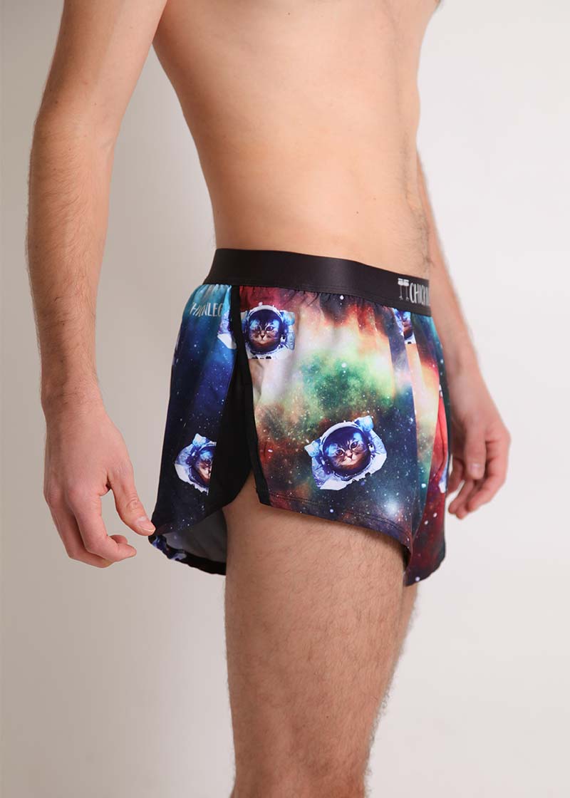 ChicknLegs men's SpaceCats 2" split running shorts side view showcasing our mesh paneling on the side splits.