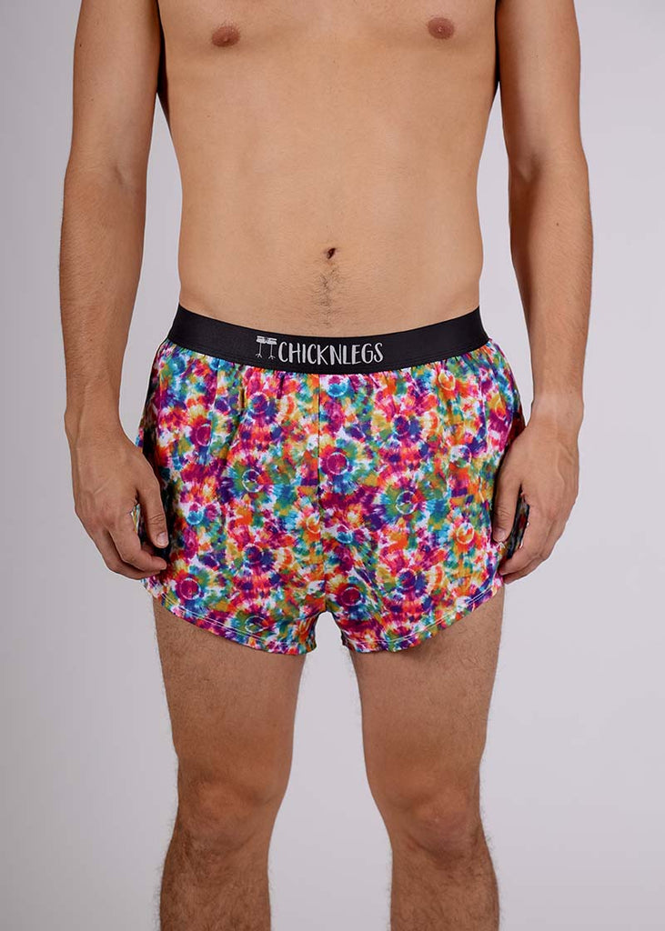 Front closeup view of the ChicknLegs men's tie-dye 2 inch split running shorts.