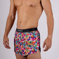 Side view of the logo on the ChicknLegs men's tie-dye 2 inch split running shorts.