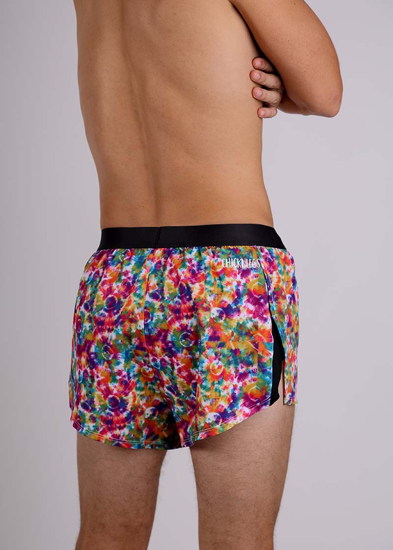 Rear view of the ChicknLegs men's tie-dye 2 inch split running shorts.