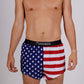 Front closeup view of the ChicknLegs men's USA 2 inch split running shorts.