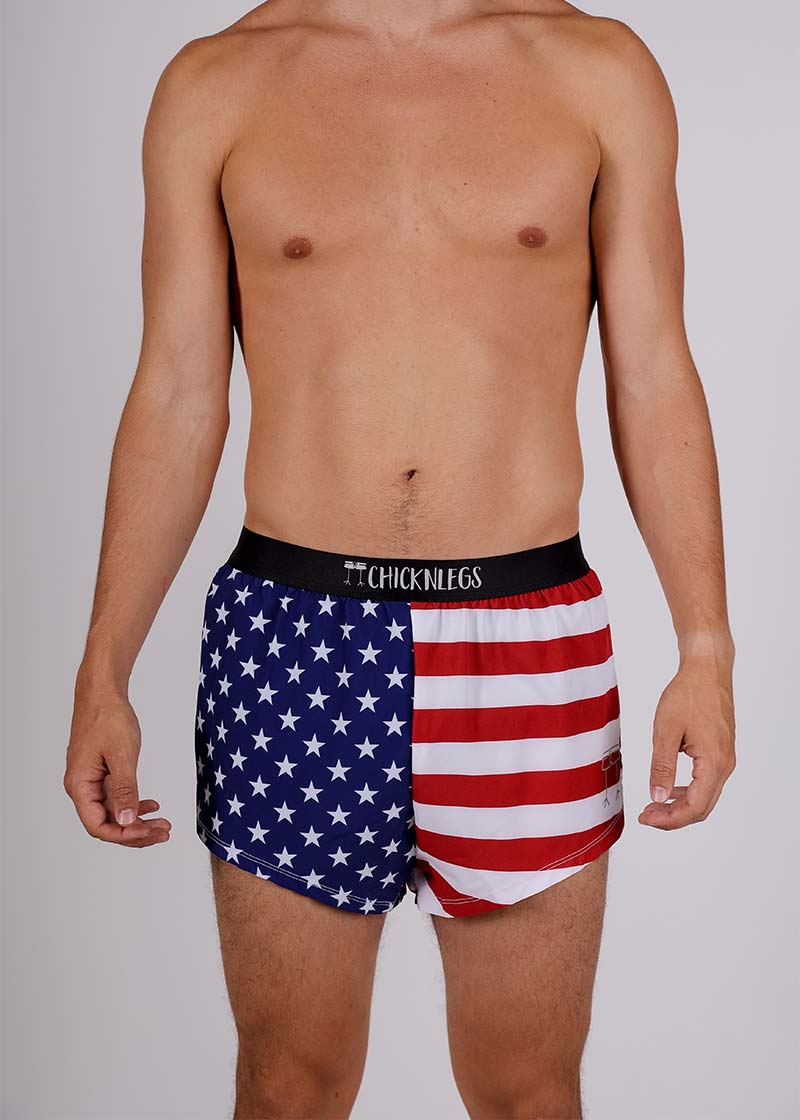 Front closeup view of the ChicknLegs men's USA 2 inch split running shorts.