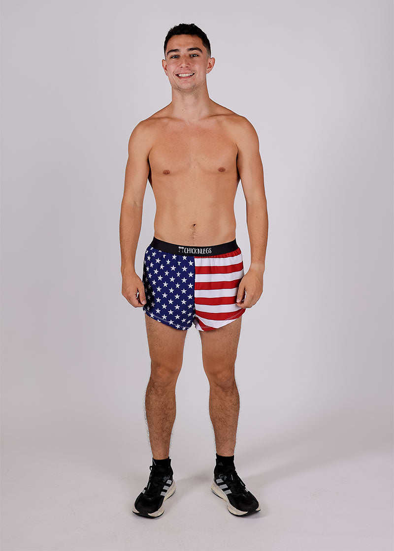 Full body view of the ChicknLegs men's 2 inch split running shorts.