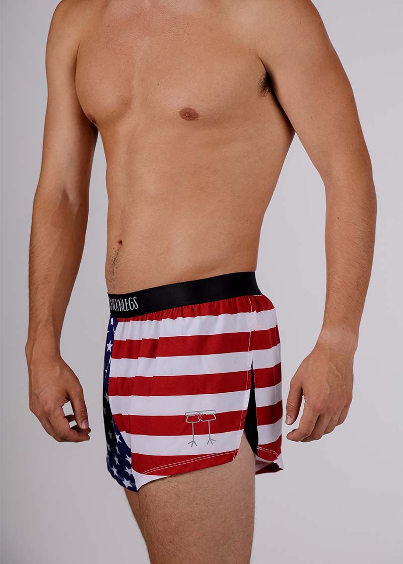 left side view of the men's USA 2 inch split running shorts showing the logo.
