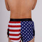 Rear view of the ChicknLegs men's USA 2 inch split running shorts.