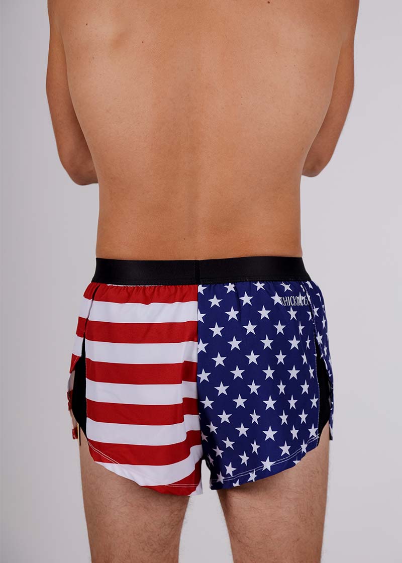 Rear view of the ChicknLegs men's USA 2 inch split running shorts.