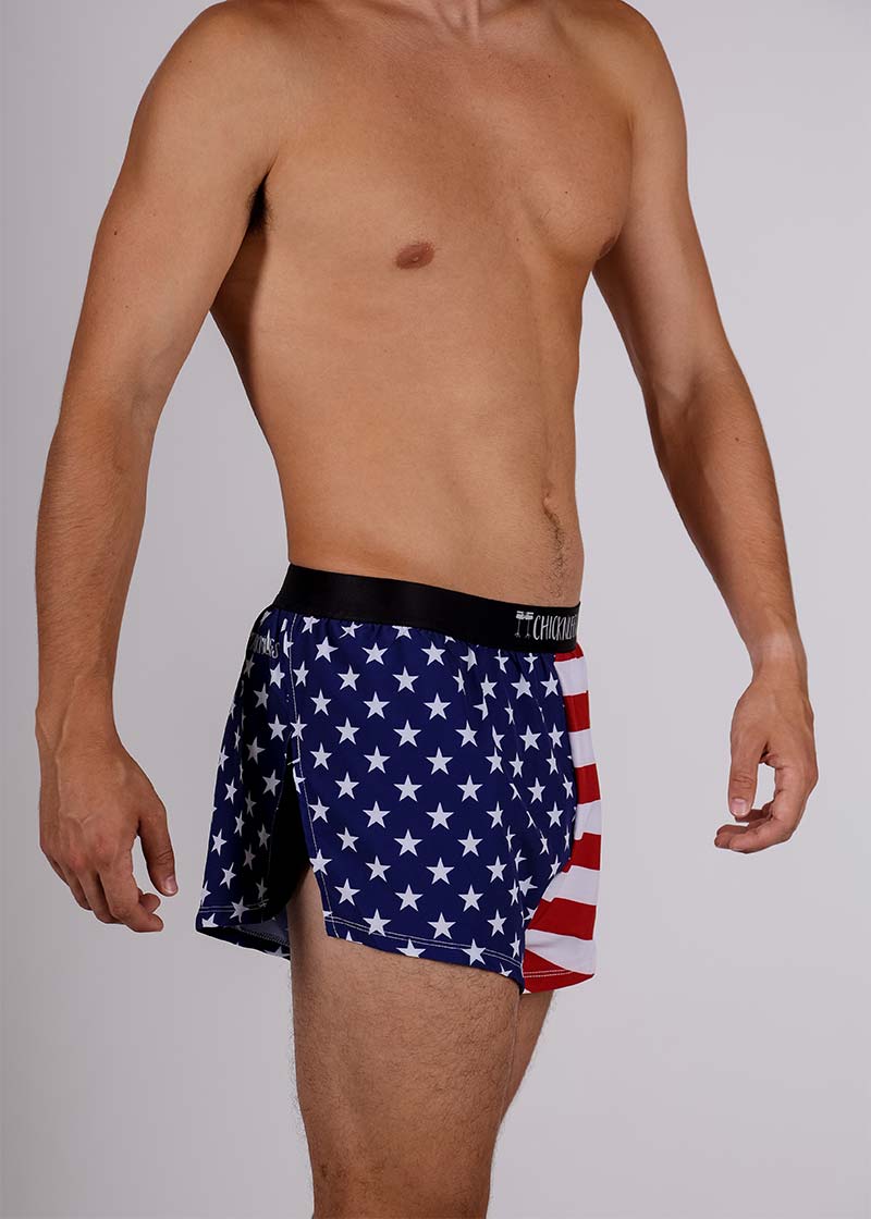 Side view of the men's USA 2 inch split running shorts showing the split and side mesh paneling.
