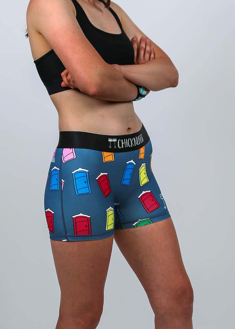Closeup side view of the porta-potty 3 inch compression running shorts.