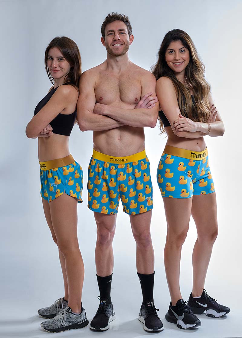 Group photo of the men's and women's rubber ducky running shorts.
