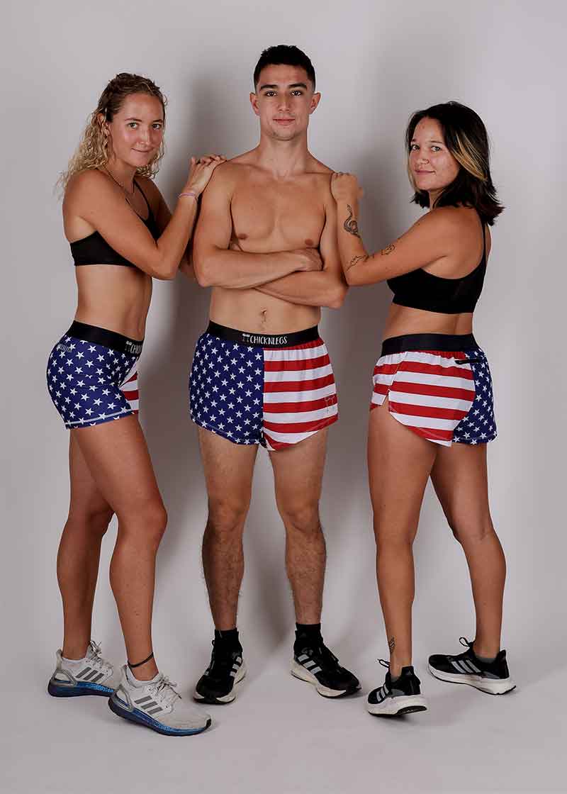 Group photo of runners wearing ChicknLegs USA running shorts.