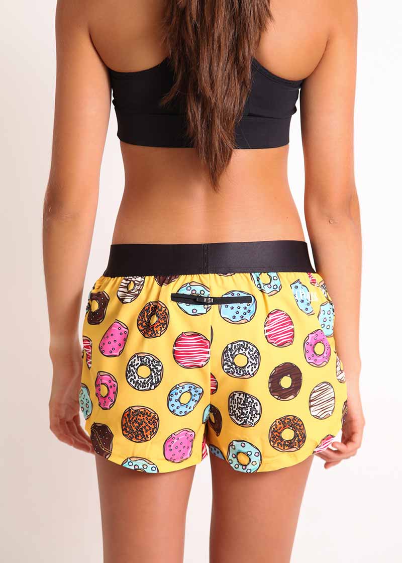 ChicknLegs women's donuts 1.5" split running shorts back view with zipper pocket..