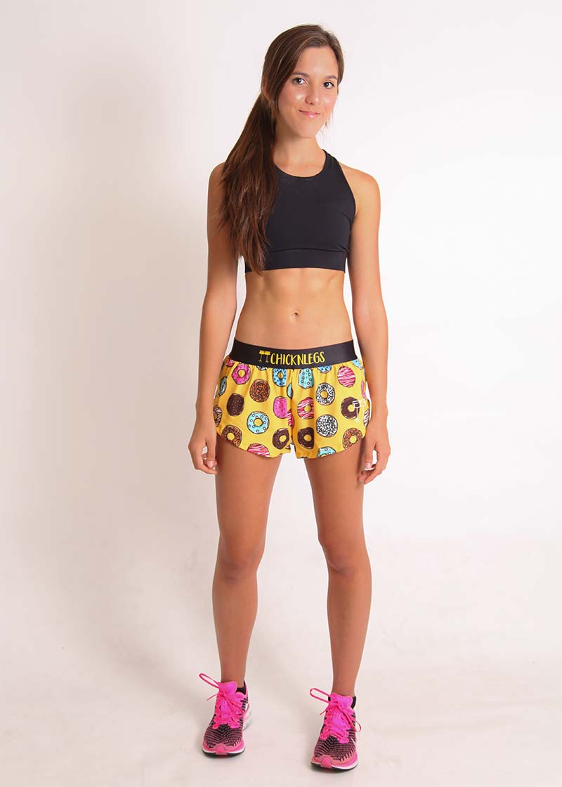 ChicknLegs women's donuts 1.5" split running shorts full body view.