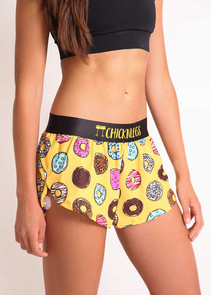 ChicknLegs women's donuts 1.5" split running shorts side view.