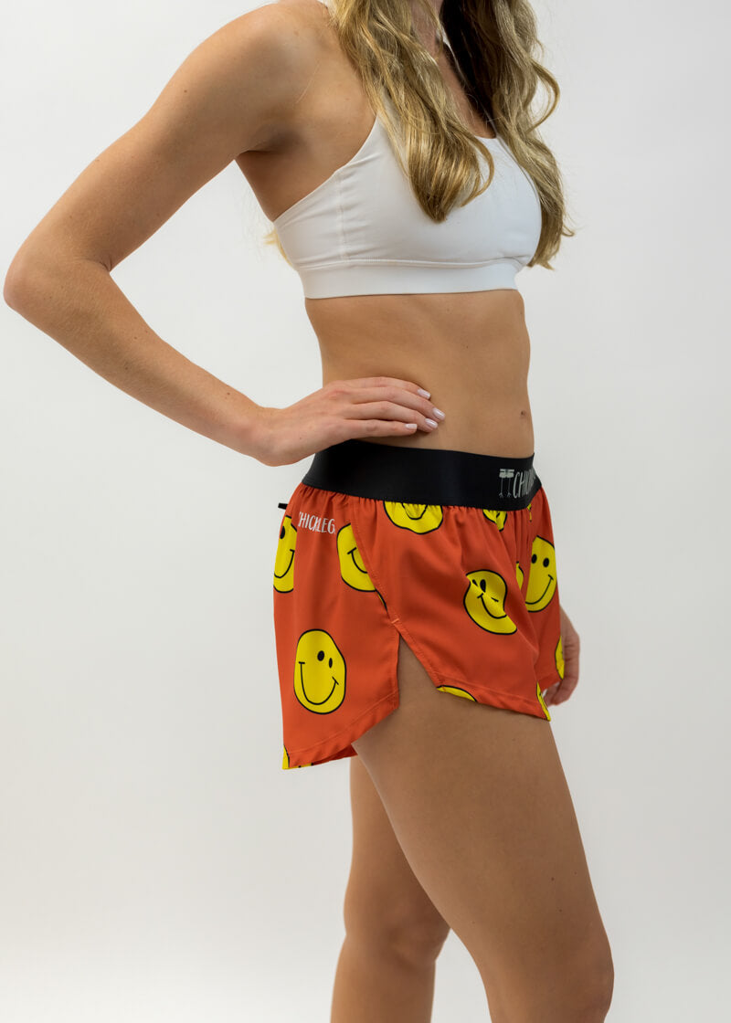 Side view of the women's smiley face running shorts from ChicknLegs.