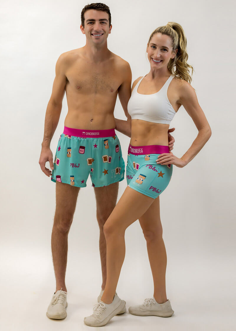 Group shot of the men's and women's PB&J running shorts from ChicknLegs.