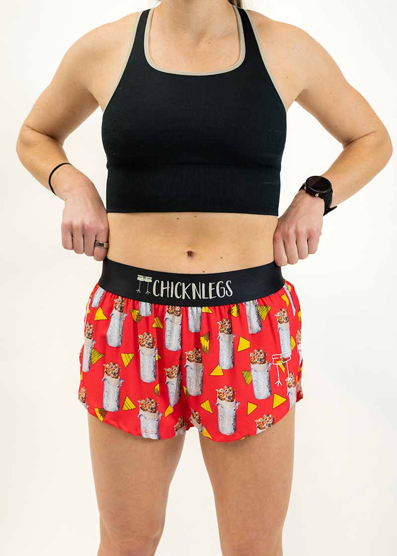 Front view of the women's 1.5 inch burritos split running shorts from ChicknLegs.