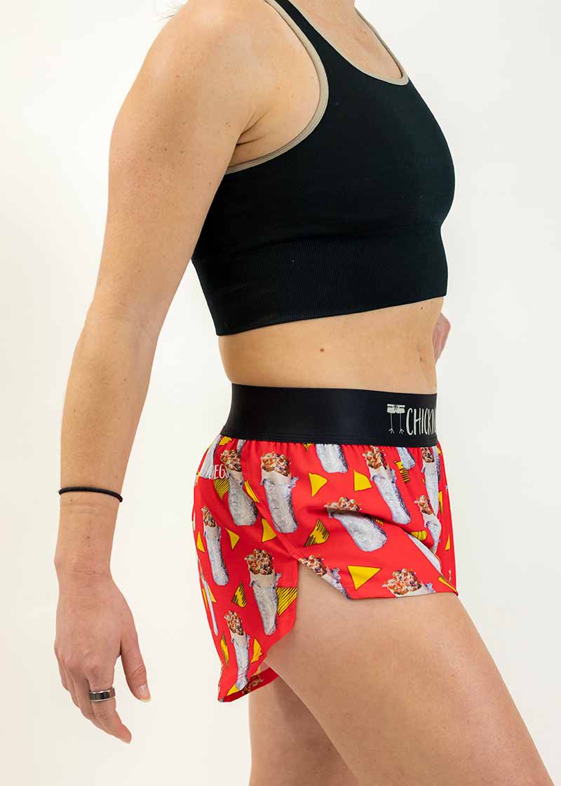 Right side view of the women's 1.5 inch burritos split running shorts from ChicknLegs.