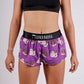 ChicknLegs women's choccy cows chocolate milk 1.5" split running shorts front closeup view.