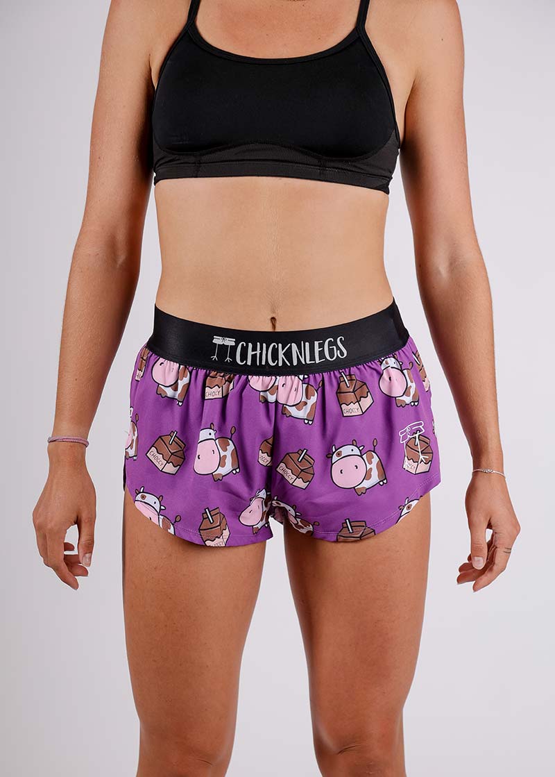 ChicknLegs women's choccy cows chocolate milk 1.5" split running shorts front closeup view.