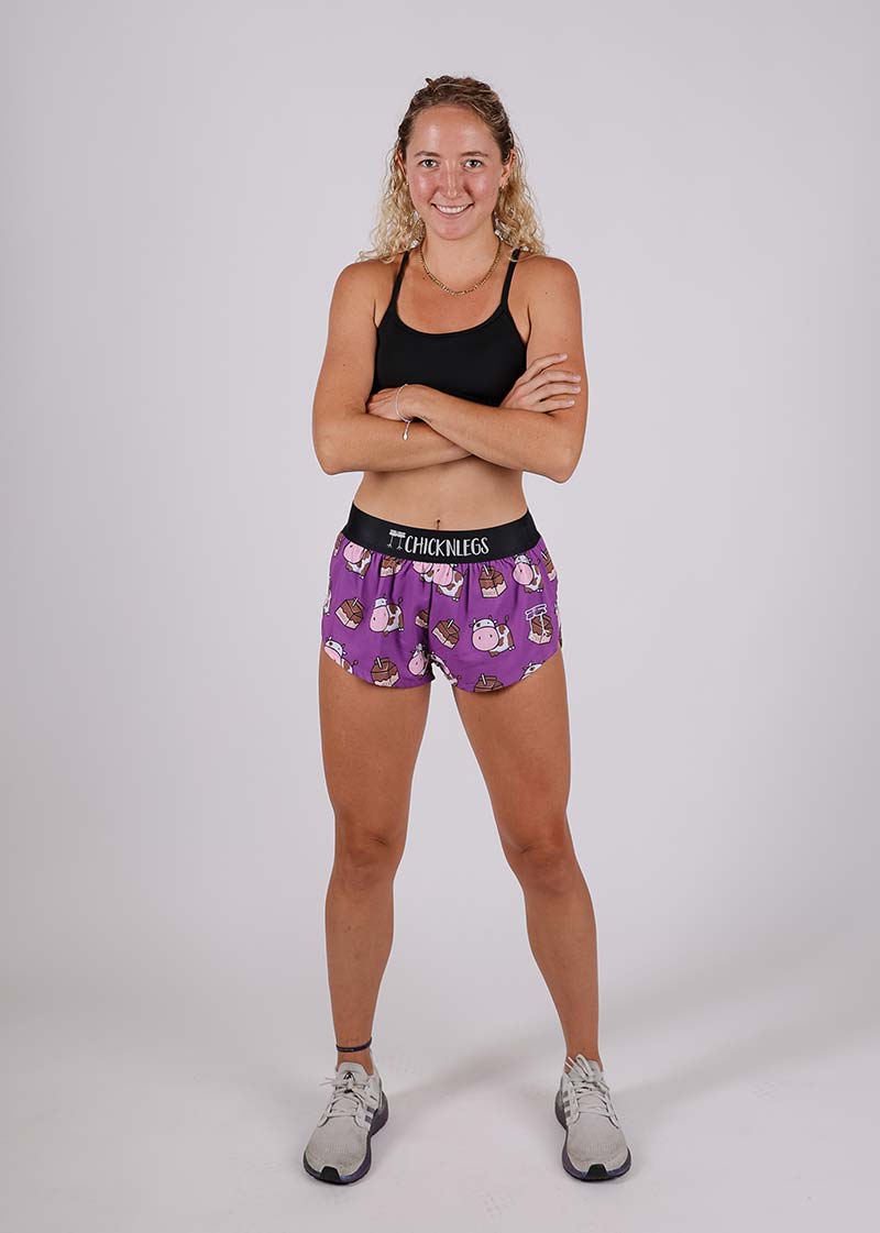 ChicknLegs women's choccy cows chocolate milk 1.5" split running shorts front full body view.