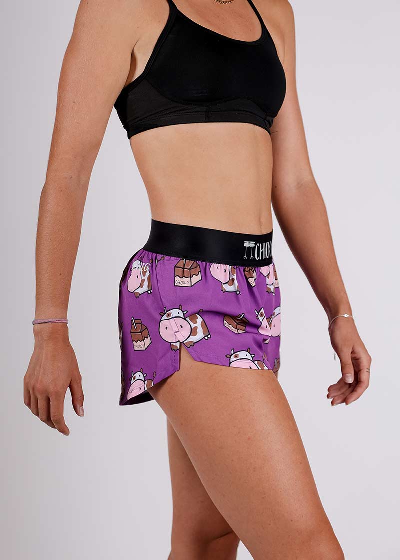 ChicknLegs women's choccy cows chocolate milk 1.5" split running shorts side closeup view.