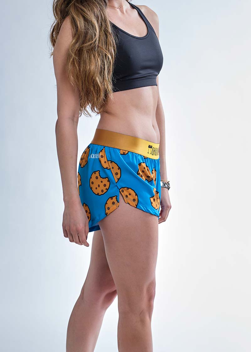 Side split view of the chicknlegs women's 1.5" split running shorts.