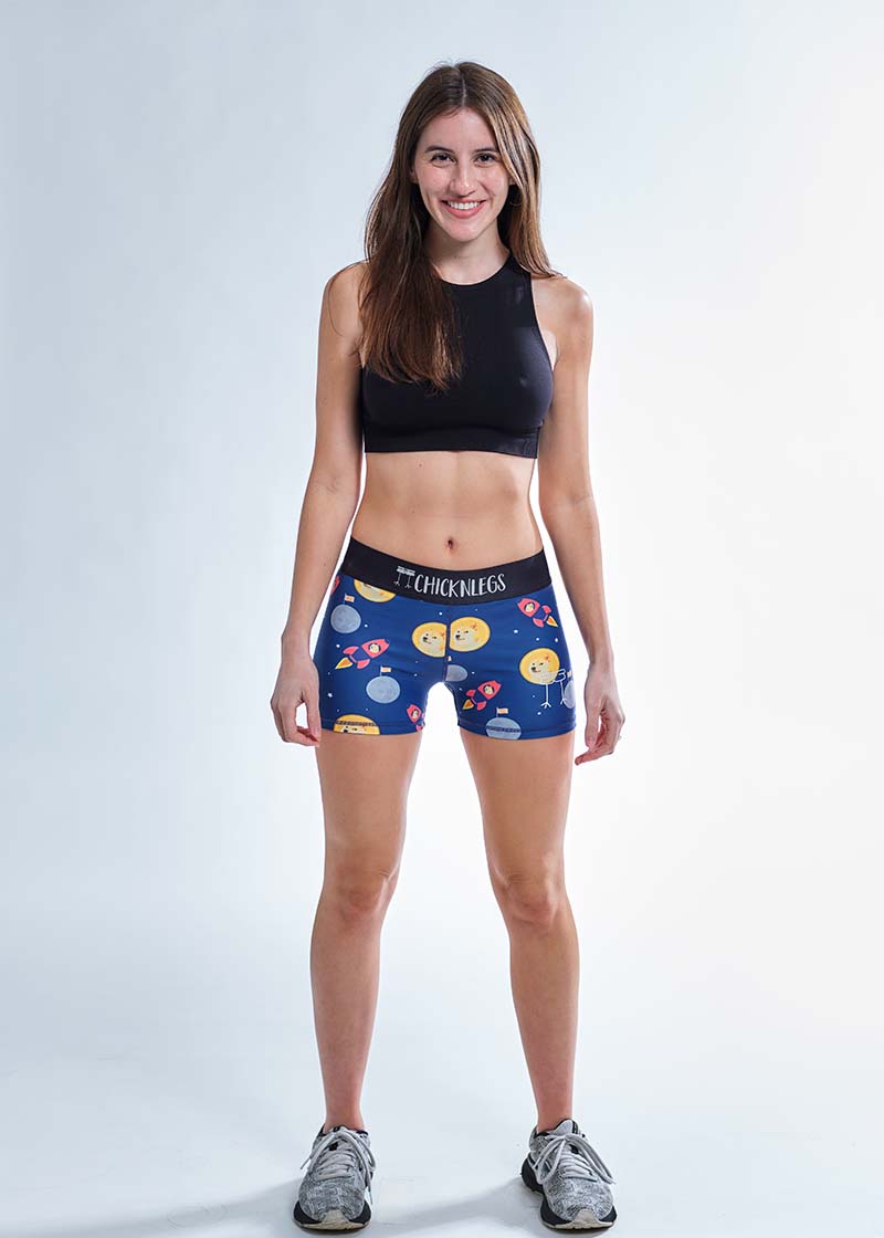 Full body photo of the ChicknLegs women's crypto 3 inch compression running shorts.