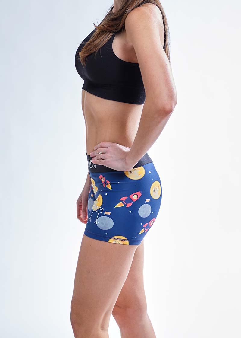 Left side view of the ChicknLegs women's crypto 3 inch compression running shorts.