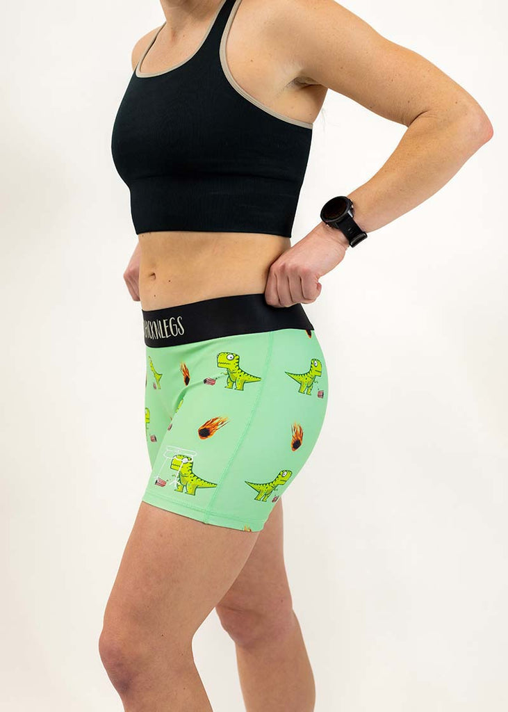 Left side view of the women's 3 inch dino-sore compression running shorts from ChicknLegs.