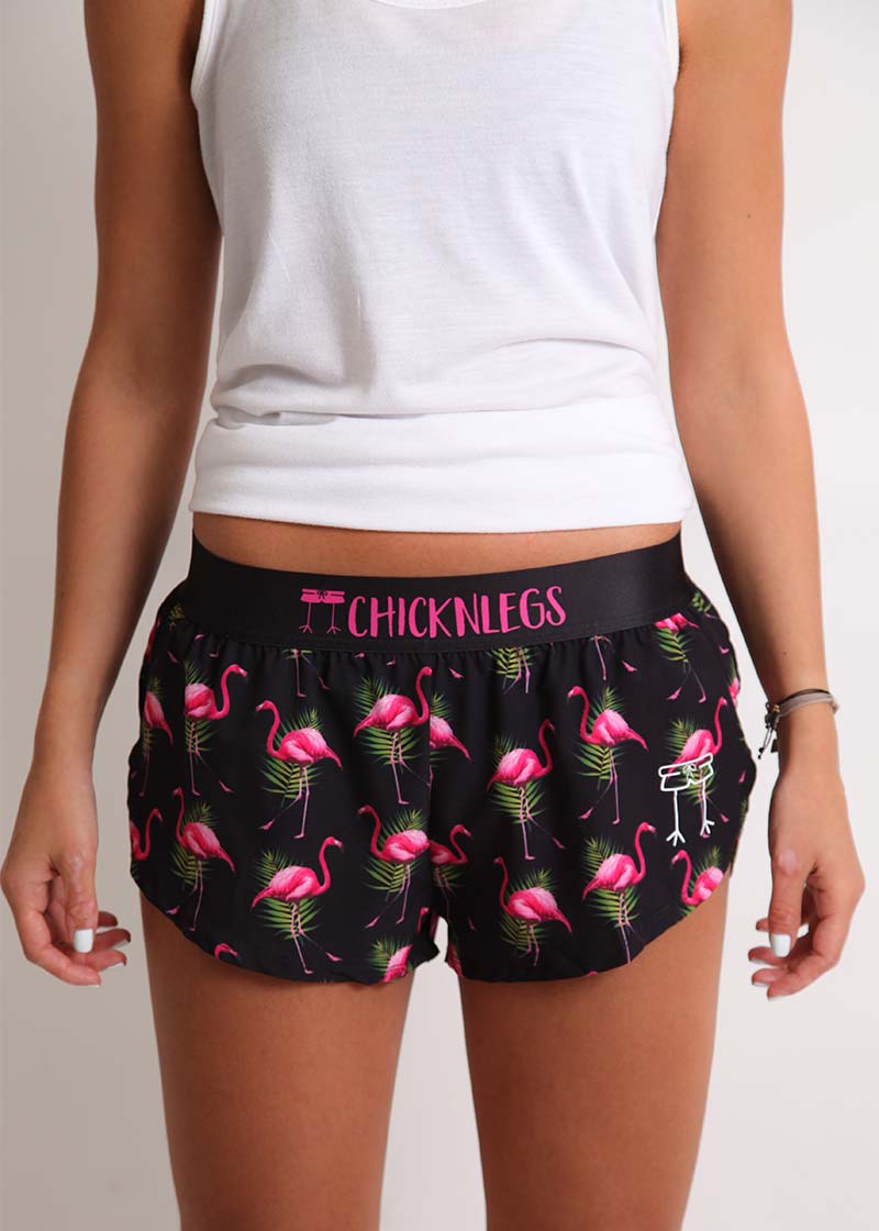 ChicknLegs women's flamingo 1.5" split running shorts.