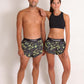 ChicknLegs matching men's and women's green camo split running shorts.