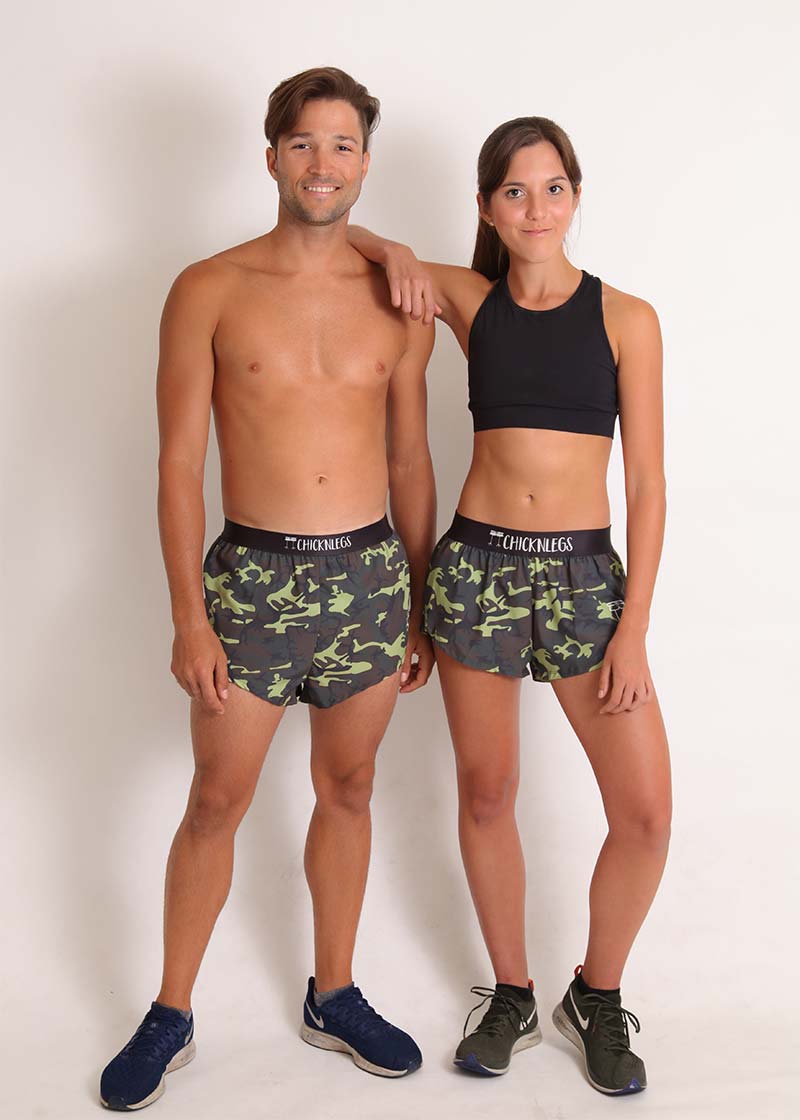 ChicknLegs matching men's and women's green camo split running shorts.