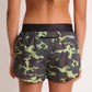 ChicknLegs women's green camo 1.5" split running shorts rear view including our zipper pocket to stash the essentials.