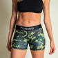 ChicknLegs women's green camo 3 inch compression running shorts front view.