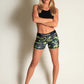 ChicknLegs women's green camo 3 inch compression running shorts full body view.