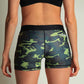 ChicknLegs women's green camo 3 inch compression running shorts rear view.