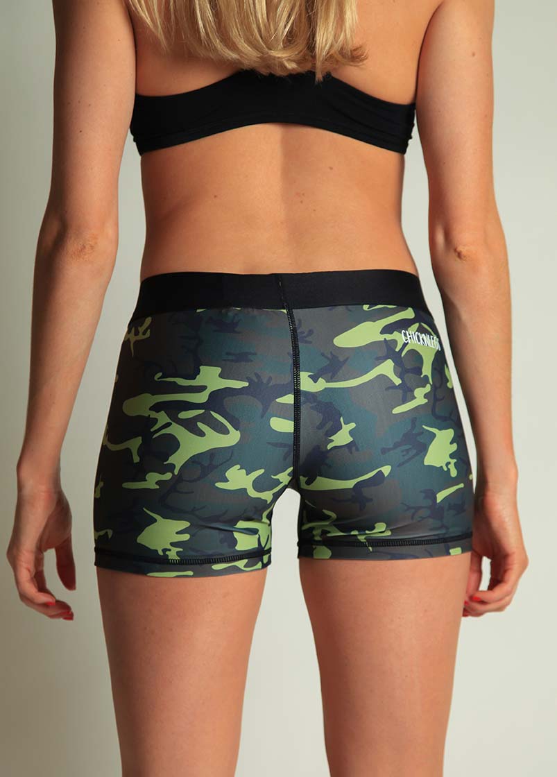 ChicknLegs women's green camo 3 inch compression running shorts rear view.