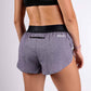 Rear closeup view of the ChicknLegs women's 1.5" heather grey split running shorts.