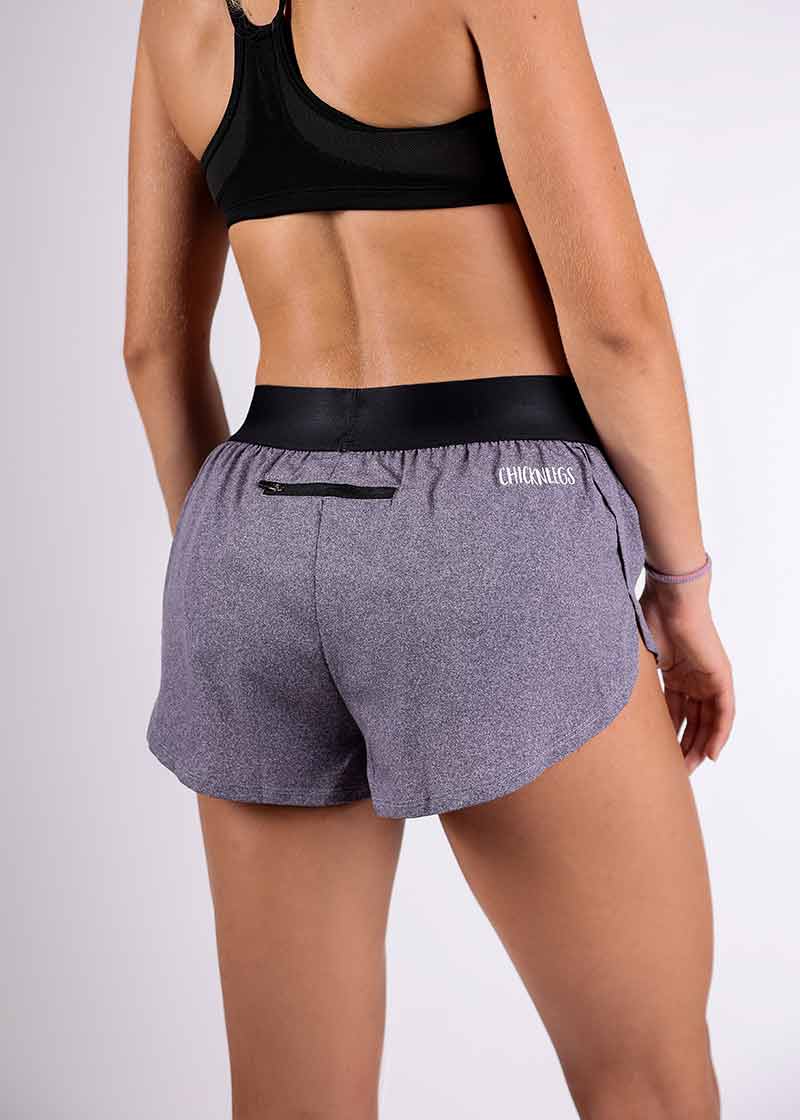 Rear closeup view of the ChicknLegs women's 1.5" heather grey split running shorts.