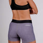 Rear closeup view of the ChicknLegs women's heather grey 3 inch compression shorts.